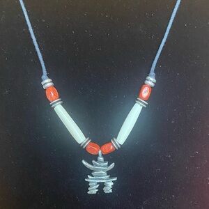 Vintage Canadian Necklace Chocker Inukshuk Silver Pendant w/Hairpipe &Wood Beads